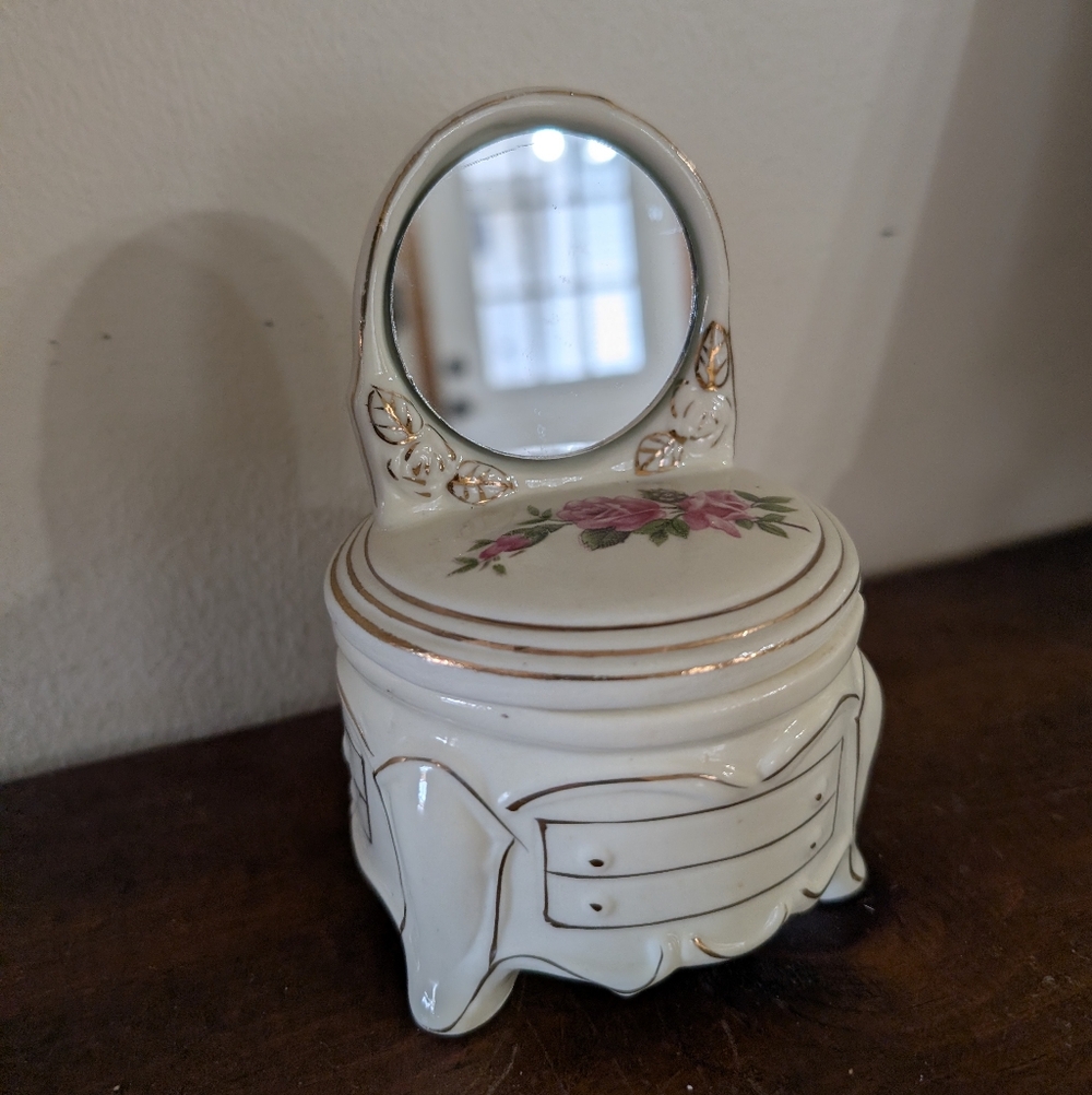 Vintage Ceramic Floral Dresser With Mirror Jewelry Ring Vanity Trinket Box White